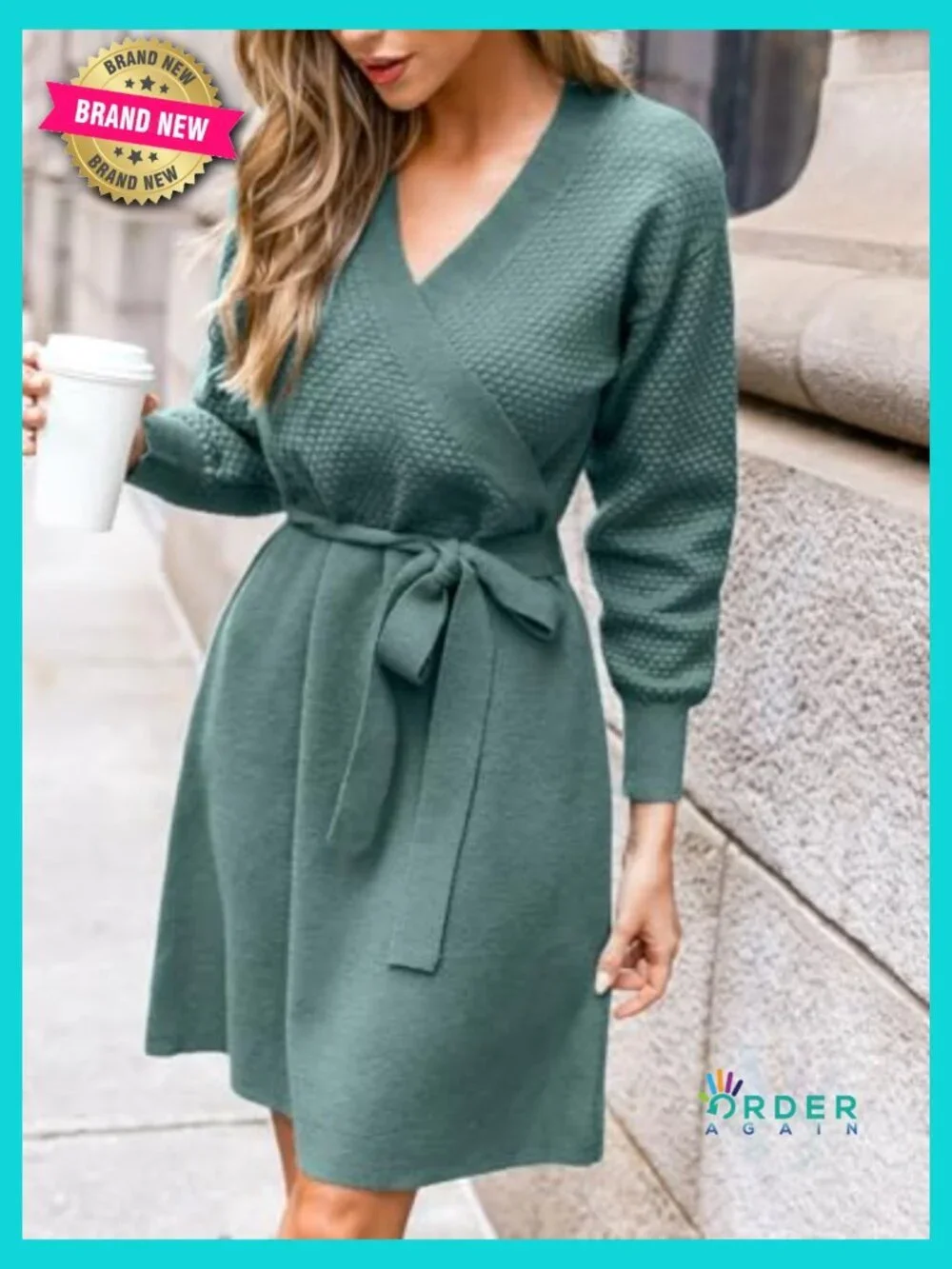 Ribbed Knit Sweater Dress V Neck Long Sleeve Belted Fitted A Line Midi